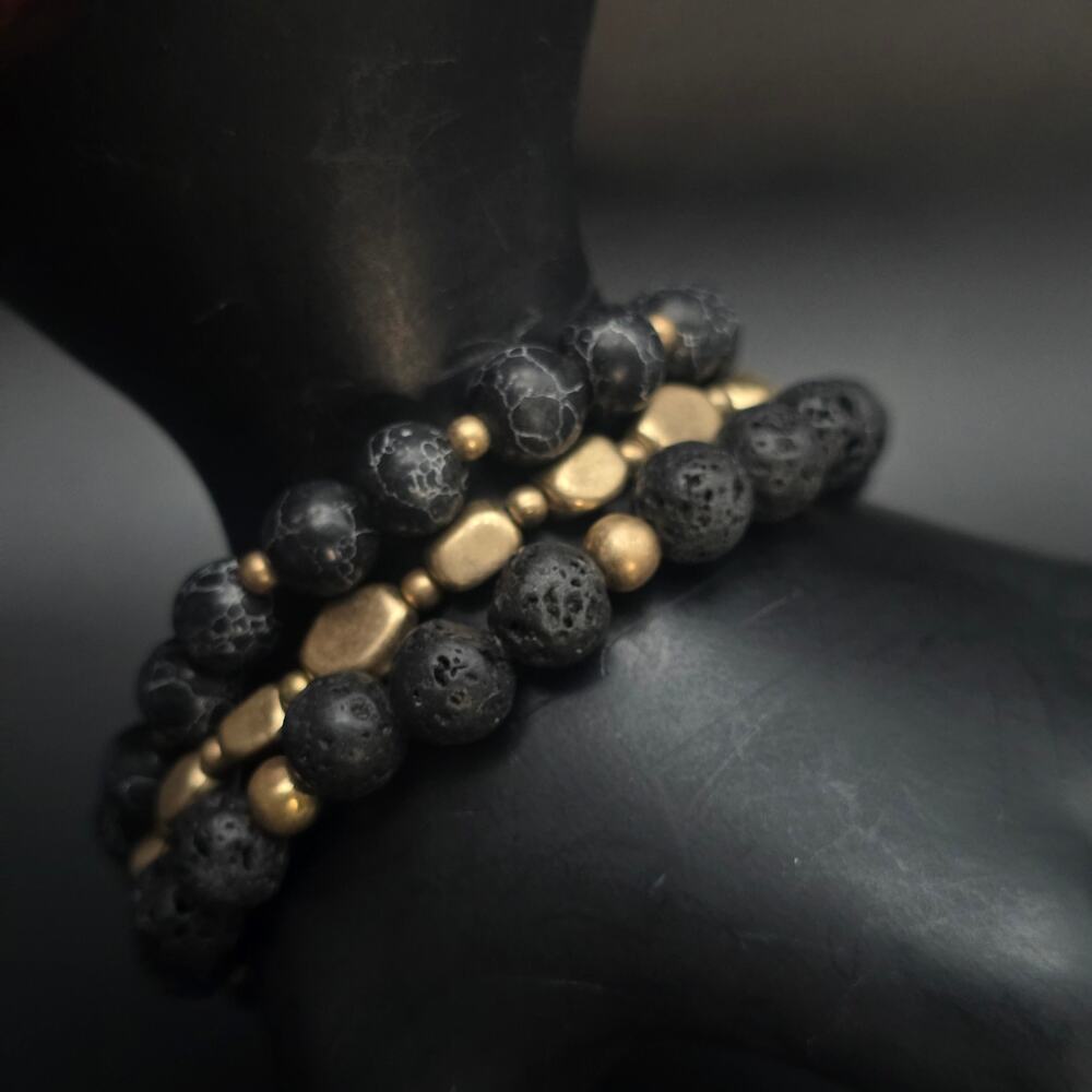 Black Lava Stone Stacking Stretch Bracelet Set Gold Tone
